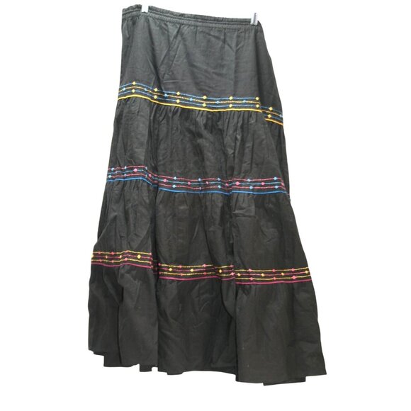 VTG Gypsy Pier 1 Global Boho Hippie Tiered Maxi Skirt Black Cotton Embroidered - Picture 1 of 7